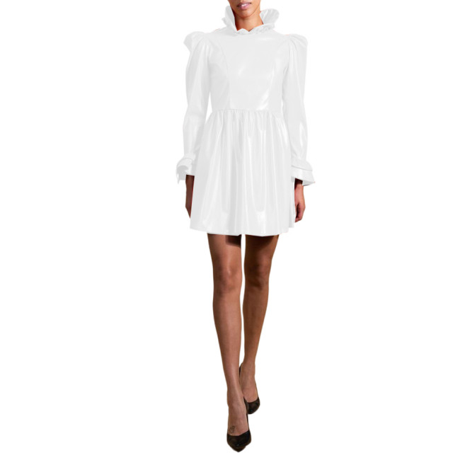 Wetlook Sweet PVC Leather Long Puff Sleeve Ruffles Frills Cuff Slim Sheath Mini Dress Pleated  A line Dress Club Party S-7XL