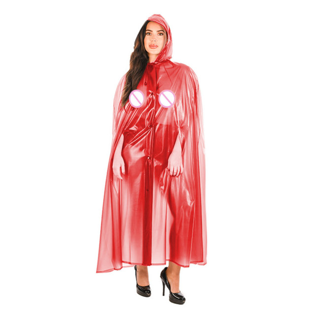 Sexy Front Button-up Perspective Long Cape See-through Windbreaker Hooded Cloak Clear PVC Leather Ponchos Erotic Lingerie Female
