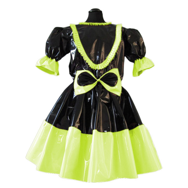 Sissy French Maid Short Sleeve Pacthwork Flared Dress Sweet Frills Bow Fancy Maid Dress Wet Look PVC Cospaly Crossdress Outfits