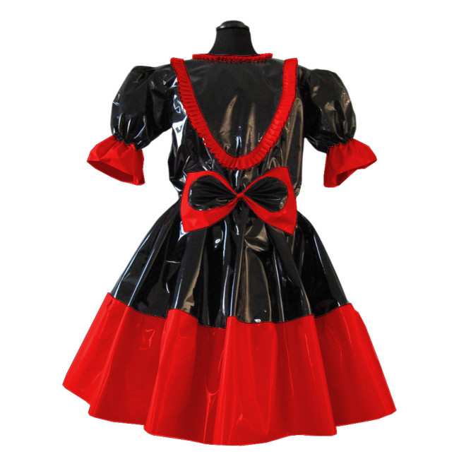 Sissy French Maid Short Sleeve Pacthwork Flared Dress Sweet Frills Bow Fancy Maid Dress Wet Look PVC Cospaly Crossdress Outfits