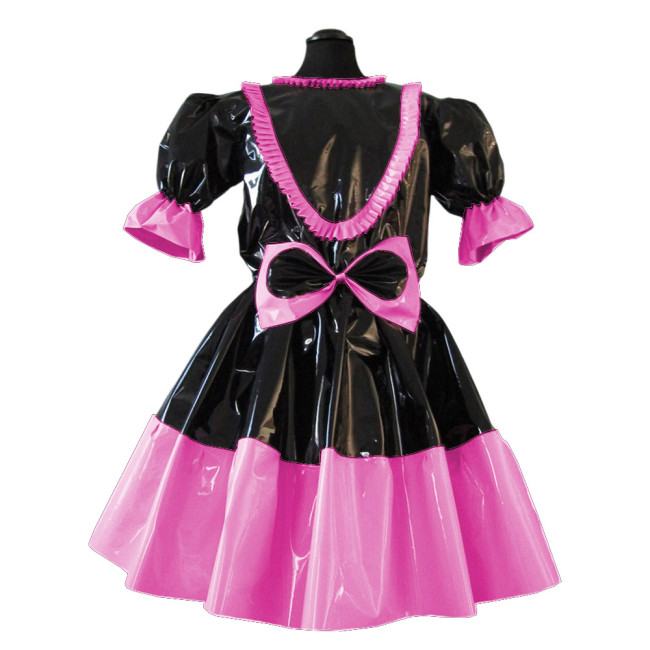 Sissy French Maid Short Sleeve Pacthwork Flared Dress Sweet Frills Bow Fancy Maid Dress Wet Look PVC Cospaly Crossdress Outfits