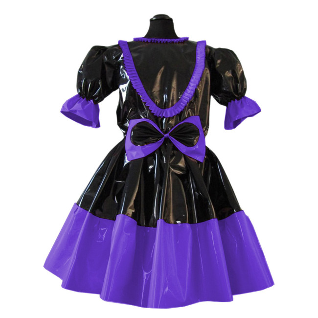 Sissy French Maid Short Sleeve Pacthwork Flared Dress Sweet Frills Bow Fancy Maid Dress Wet Look PVC Cospaly Crossdress Outfits