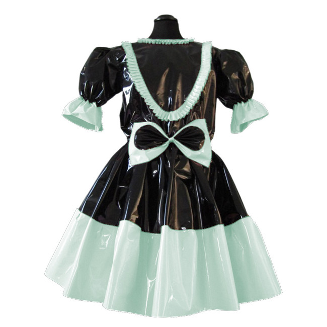 Sissy French Maid Short Sleeve Pacthwork Flared Dress Sweet Frills Bow Fancy Maid Dress Wet Look PVC Cospaly Crossdress Outfits