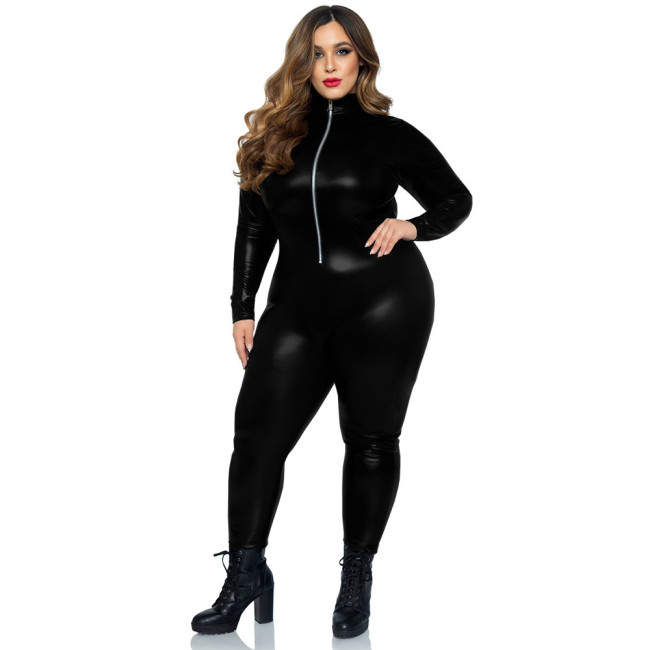 Women Sexy Vinyl Metallic Jumpsuit Shiny Patent Leather Turtleneck Zipper Bodysuit Plus Size Long Sleeve Catsuit Show Clubwear
