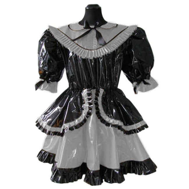 Lolita French Lockable Maid Dress Uniform Glossy PVC Leather Short Puff Sleeve Patchwork Ruffle Pleated Swing Maid Dress Custom