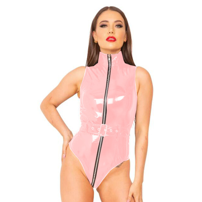 Womens Club with Belt Bodysuit Shiny PVC Sleeveless Catsuit Zipper Open Crotch Stand Collar Leotard Role Play Outfit Clubwear