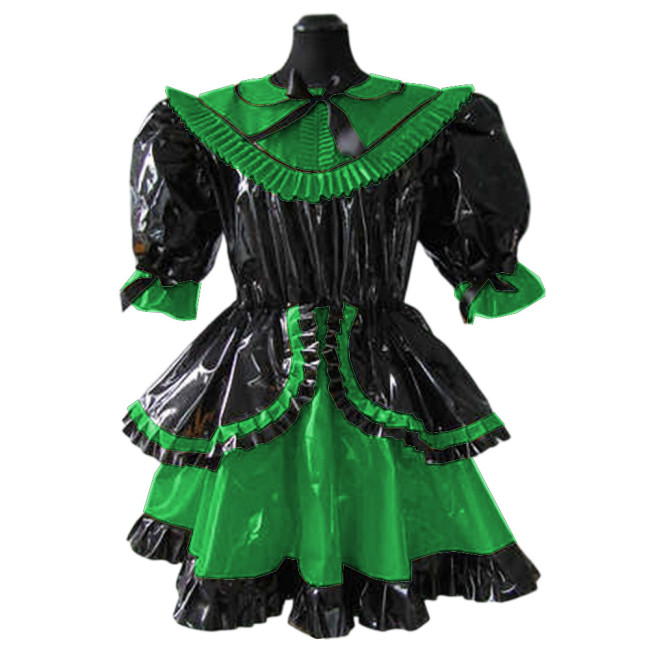 Lolita French Lockable Maid Dress Uniform Glossy PVC Leather Short Puff Sleeve Patchwork Ruffle Pleated Swing Maid Dress Custom