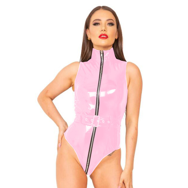 Womens Club with Belt Bodysuit Shiny PVC Sleeveless Catsuit Zipper Open Crotch Stand Collar Leotard Role Play Outfit Clubwear