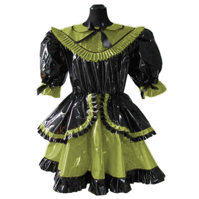 Lolita French Lockable Maid Dress Uniform Glossy PVC Leather Short Puff Sleeve Patchwork Ruffle Pleated Swing Maid Dress Custom