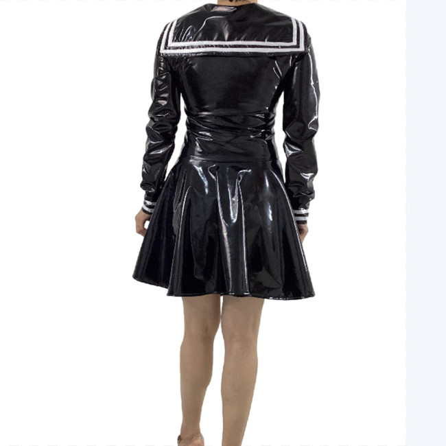 Womens Glossy Leather Role Play School Girl Costume Sexy Long Sleeve Sailor Uniforms Fetish PVC Navy Sailor Halloween Outfits