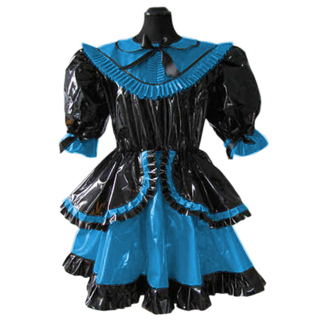 Lolita French Lockable Maid Dress Uniform Glossy PVC Leather Short Puff Sleeve Patchwork Ruffle Pleated Swing Maid Dress Custom