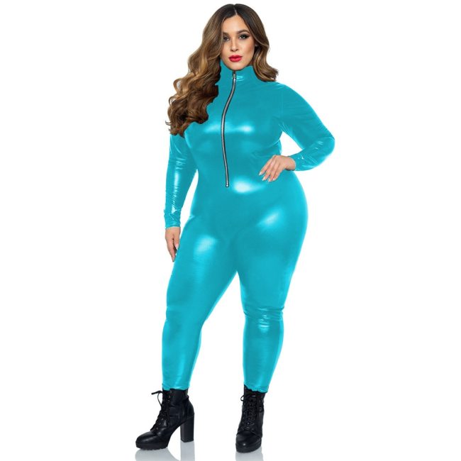 Women Sexy Vinyl Metallic Jumpsuit Shiny Patent Leather Turtleneck Zipper Bodysuit Plus Size Long Sleeve Catsuit Show Clubwear