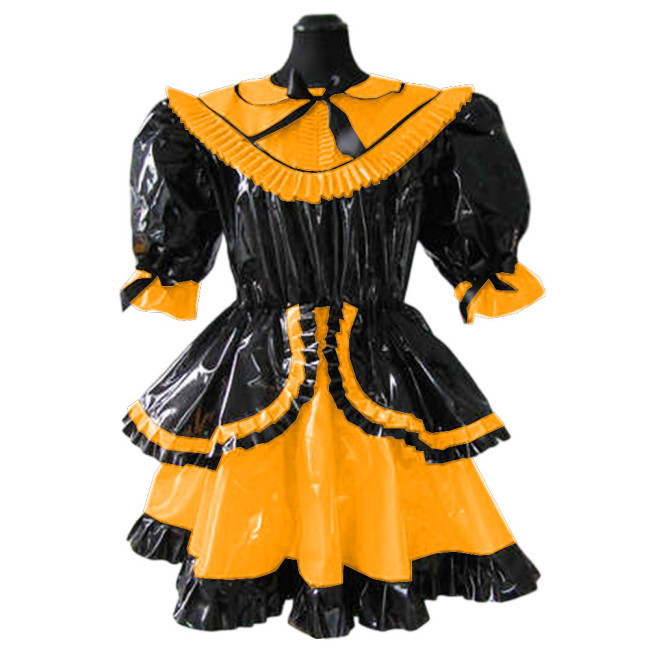 Lolita French Lockable Maid Dress Uniform Glossy PVC Leather Short Puff Sleeve Patchwork Ruffle Pleated Swing Maid Dress Custom