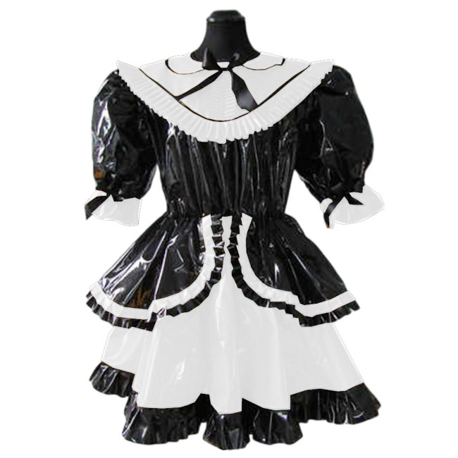 Lolita French Lockable Maid Dress Uniform Glossy PVC Leather Short Puff Sleeve Patchwork Ruffle Pleated Swing Maid Dress Custom