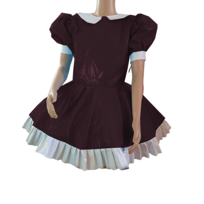 Cosplay Fetish Lolita Costume Patchwork Wetlook PVC Leather Doll Neck Puff Short Sleeve Dress Sexy Maid Mini Dresses Party Club