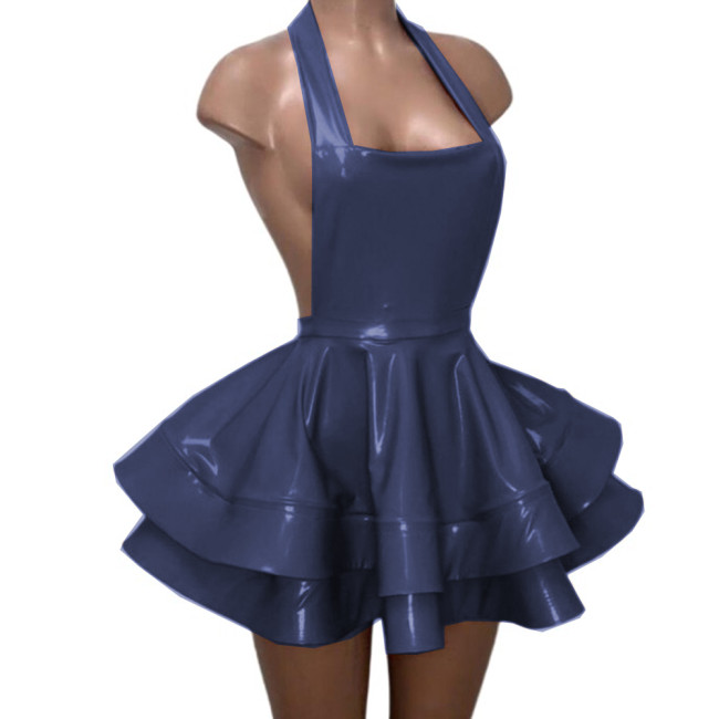 Sexy Backless Halter Sheath Double Layer Pleated Mini Dress Gloosy PVC Leather Vestidos Strapless Flare Skirt Dress Party Club