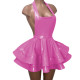 Sexy Backless Halter Sheath Double Layer Pleated Mini Dress Gloosy PVC Leather Vestidos Strapless Flare Skirt Dress Party Club