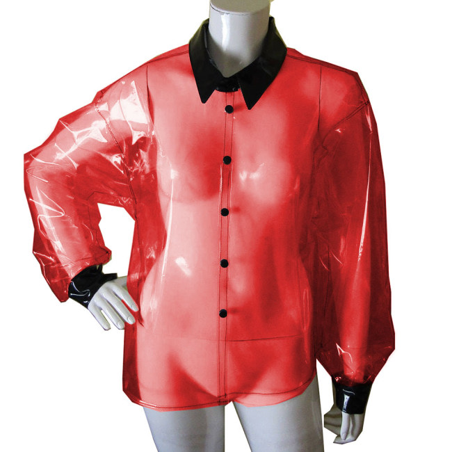 Fashion Clear PVC Shirt Women Button-up Perspective Blouse Transparency Office Lady Loose Casual Tops See-through Basic Shirt