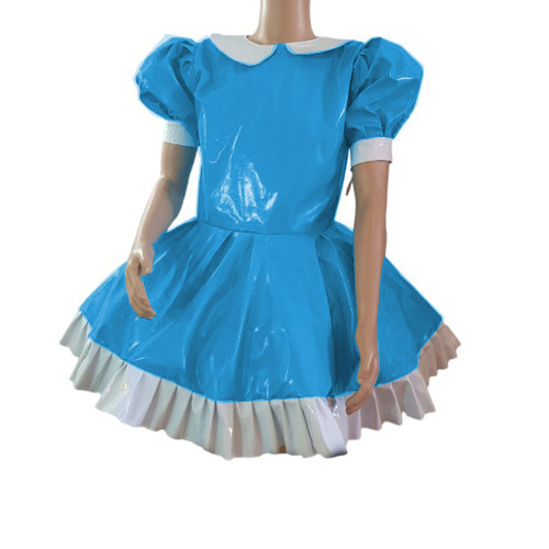Cosplay Fetish Lolita Costume Patchwork Wetlook PVC Leather Doll Neck Puff Short Sleeve Dress Sexy Maid Mini Dresses Party Club