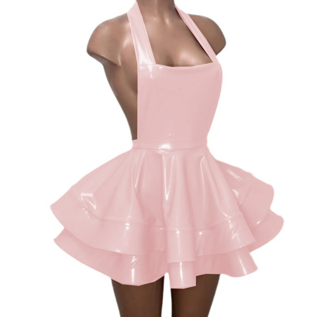 Sexy Backless Halter Sheath Double Layer Pleated Mini Dress Gloosy PVC Leather Vestidos Strapless Flare Skirt Dress Party Club