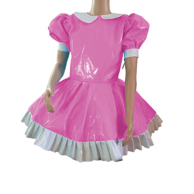 Cosplay Fetish Lolita Costume Patchwork Wetlook PVC Leather Doll Neck Puff Short Sleeve Dress Sexy Maid Mini Dresses Party Club