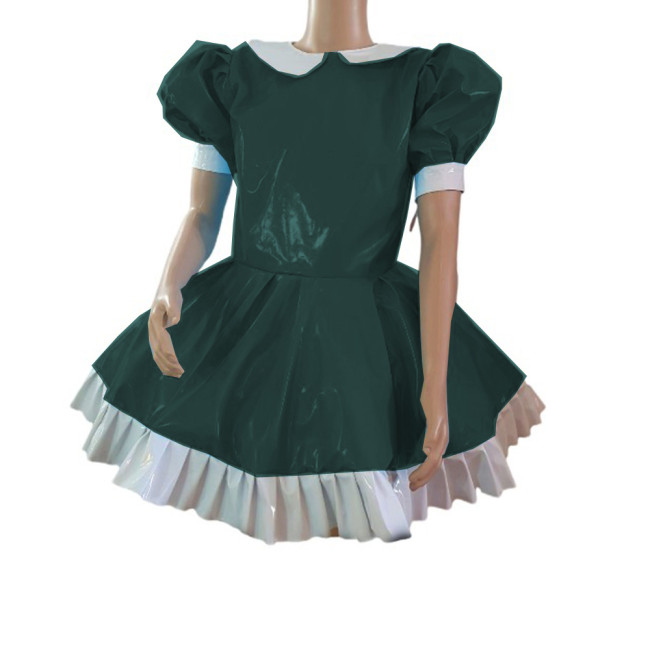 Cosplay Fetish Lolita Costume Patchwork Wetlook PVC Leather Doll Neck Puff Short Sleeve Dress Sexy Maid Mini Dresses Party Club
