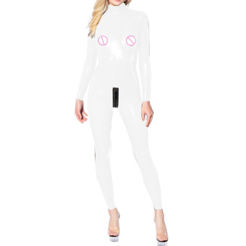Plastic Clear PVC Mock Neck Bodycon One-piece Long Sleeve Jumpsuits See Through Zip Open Crotch Jumpsuits Fetish Exotic Catsuits