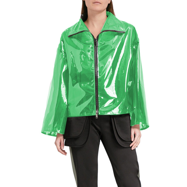 High Street See-though Jacket Women Sexy Clear PVC Sexy Perspective Short Coats Full Zip Loose Long Sleeve Jacket Party Club 7XL