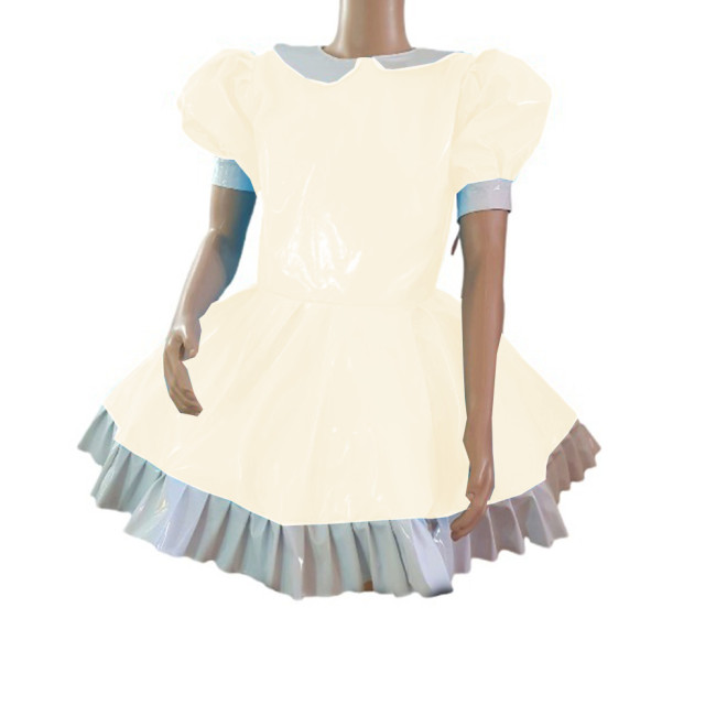 Cosplay Fetish Lolita Costume Patchwork Wetlook PVC Leather Doll Neck Puff Short Sleeve Dress Sexy Maid Mini Dresses Party Club