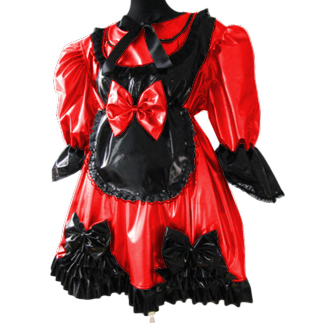 Lolita Peter Pan Collar Half Sleeve Black Frills Shiny PVC Maid Dress Unique Vinyl Glossy Leather Maid Fancy Cosplay Costume Set