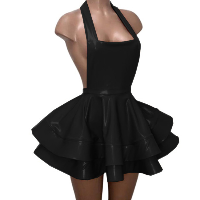 Sexy Backless Halter Sheath Double Layer Pleated Mini Dress Gloosy PVC Leather Vestidos Strapless Flare Skirt Dress Party Club