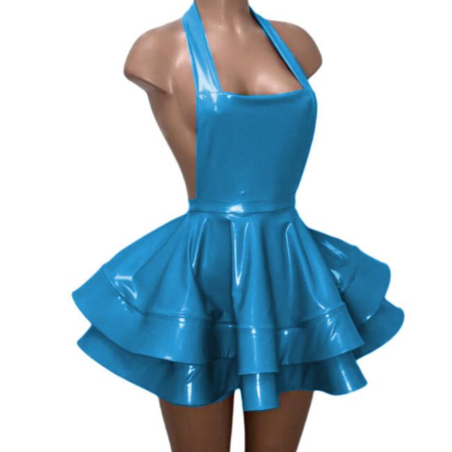 Sexy Backless Halter Sheath Double Layer Pleated Mini Dress Gloosy PVC Leather Vestidos Strapless Flare Skirt Dress Party Club