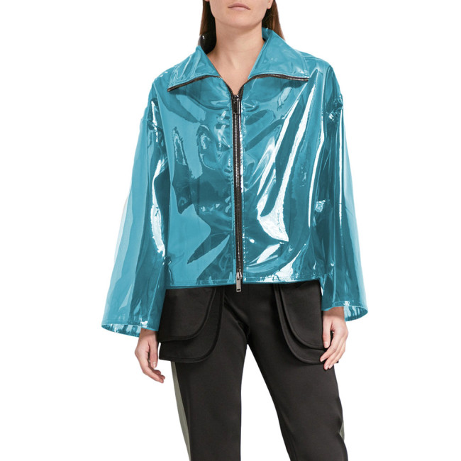 High Street See-though Jacket Women Sexy Clear PVC Sexy Perspective Short Coats Full Zip Loose Long Sleeve Jacket Party Club 7XL