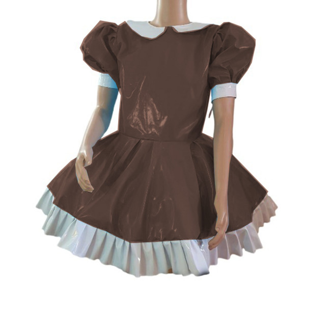 Cosplay Fetish Lolita Costume Patchwork Wetlook PVC Leather Doll Neck Puff Short Sleeve Dress Sexy Maid Mini Dresses Party Club