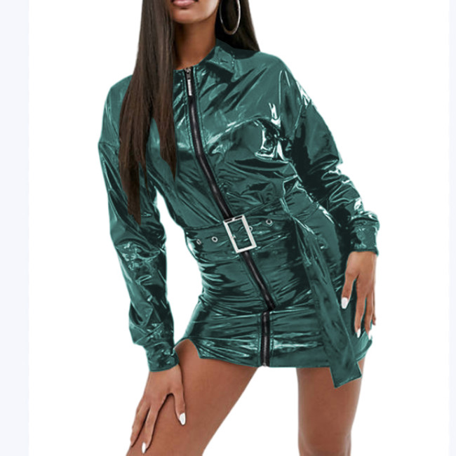 Streetwear Shiny PVC Belt Long Sleeve Mini Dress Ladies Stretch Turn-down Collar Slim Hem Side Split Dress Zipper Club Dress