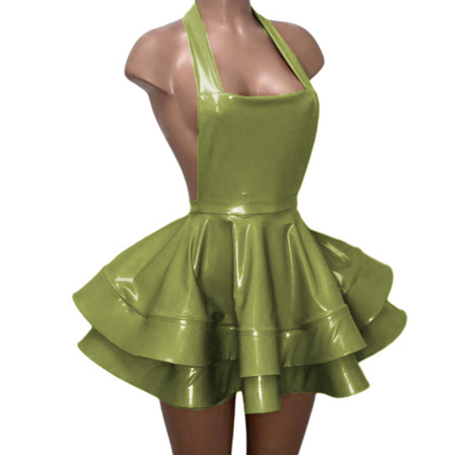 Sexy Backless Halter Sheath Double Layer Pleated Mini Dress Gloosy PVC Leather Vestidos Strapless Flare Skirt Dress Party Club