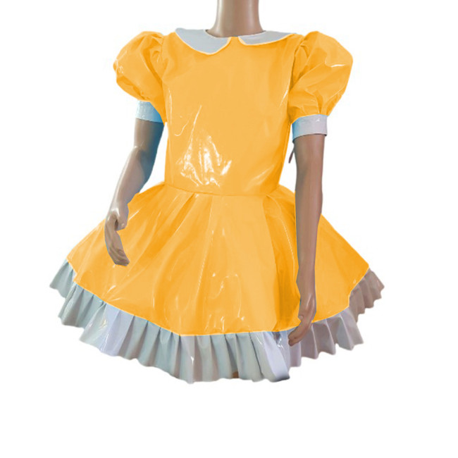 Cosplay Fetish Lolita Costume Patchwork Wetlook PVC Leather Doll Neck Puff Short Sleeve Dress Sexy Maid Mini Dresses Party Club