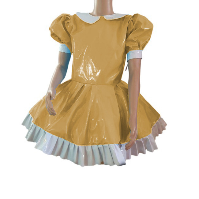 Cosplay Fetish Lolita Costume Patchwork Wetlook PVC Leather Doll Neck Puff Short Sleeve Dress Sexy Maid Mini Dresses Party Club