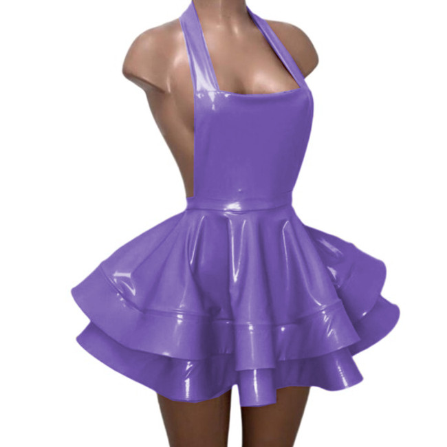 Sexy Backless Halter Sheath Double Layer Pleated Mini Dress Gloosy PVC Leather Vestidos Strapless Flare Skirt Dress Party Club