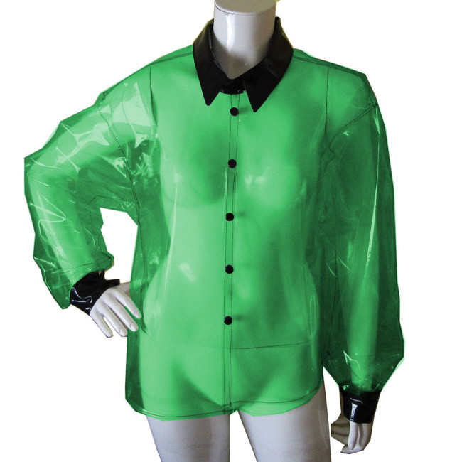 Fashion Clear PVC Shirt Women Button-up Perspective Blouse Transparency Office Lady Loose Casual Tops See-through Basic Shirt