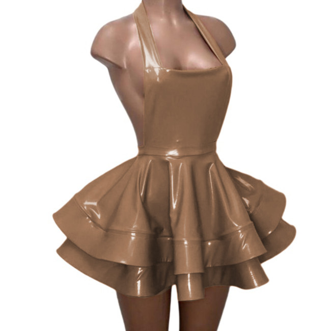 Sexy Backless Halter Sheath Double Layer Pleated Mini Dress Gloosy PVC Leather Vestidos Strapless Flare Skirt Dress Party Club