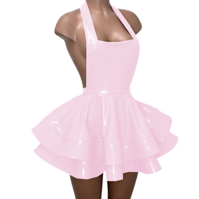 Sexy Backless Halter Sheath Double Layer Pleated Mini Dress Gloosy PVC Leather Vestidos Strapless Flare Skirt Dress Party Club