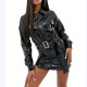 Streetwear Shiny PVC Belt Long Sleeve Mini Dress Ladies Stretch Turn-down Collar Slim Hem Side Split Dress Zipper Club Dress