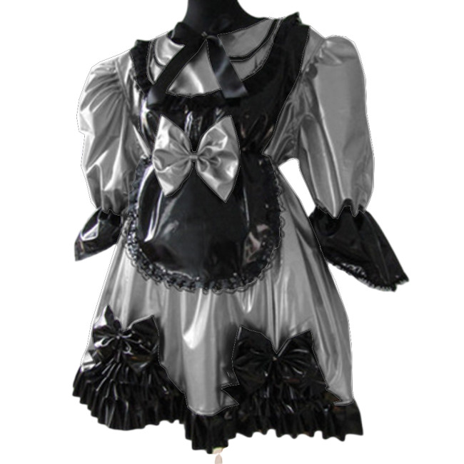 Lolita Peter Pan Collar Half Sleeve Black Frills Shiny PVC Maid Dress Unique Vinyl Glossy Leather Maid Fancy Cosplay Costume Set