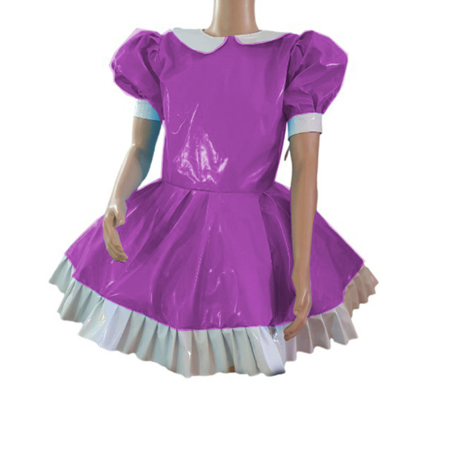 Cosplay Fetish Lolita Costume Patchwork Wetlook PVC Leather Doll Neck Puff Short Sleeve Dress Sexy Maid Mini Dresses Party Club