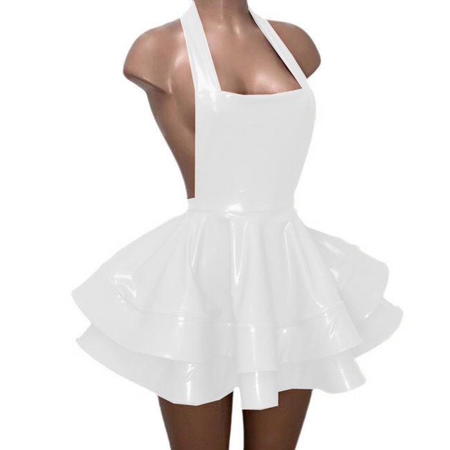 Sexy Backless Halter Sheath Double Layer Pleated Mini Dress Gloosy PVC Leather Vestidos Strapless Flare Skirt Dress Party Club