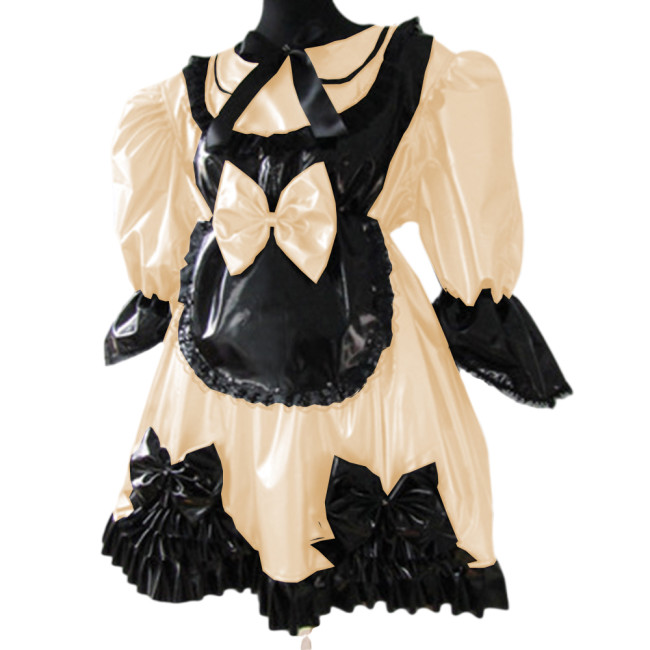 Lolita Peter Pan Collar Half Sleeve Black Frills Shiny PVC Maid Dress Unique Vinyl Glossy Leather Maid Fancy Cosplay Costume Set