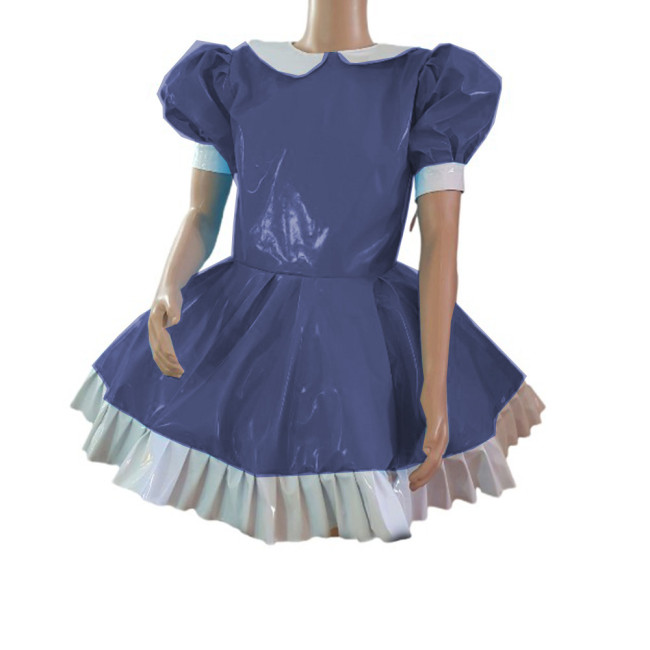 Cosplay Fetish Lolita Costume Patchwork Wetlook PVC Leather Doll Neck Puff Short Sleeve Dress Sexy Maid Mini Dresses Party Club