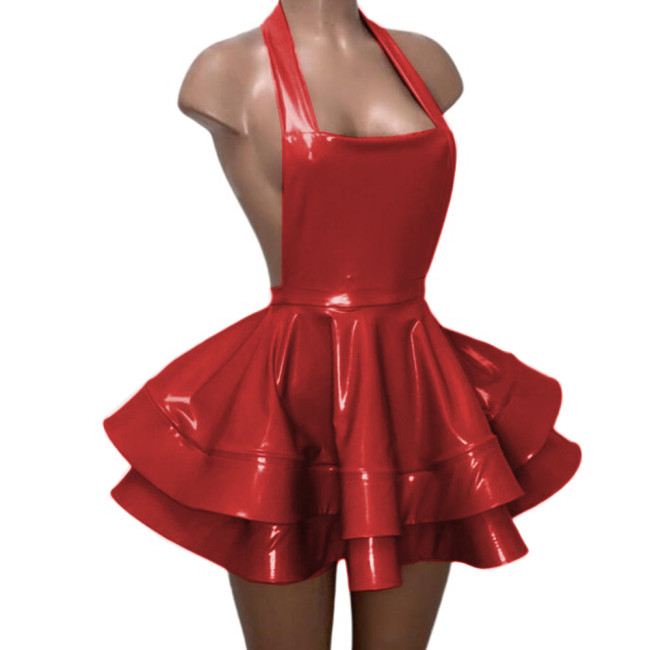 Sexy Backless Halter Sheath Double Layer Pleated Mini Dress Gloosy PVC Leather Vestidos Strapless Flare Skirt Dress Party Club