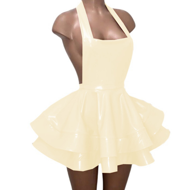 Sexy Backless Halter Sheath Double Layer Pleated Mini Dress Gloosy PVC Leather Vestidos Strapless Flare Skirt Dress Party Club